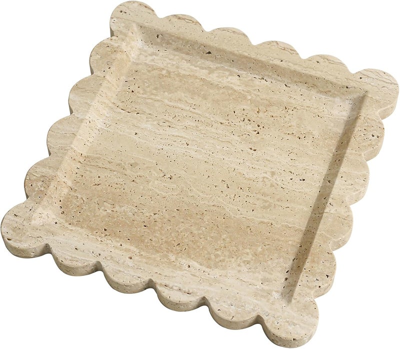 Future stone Natural 100% Marble Vanity Tray Luxury Scalloped Marble Tray, Travertine Tray for Home Decor Bathroom Kitchen Candle Key (Square-9.8 * 9.8-Beige Travertine) - Image 1